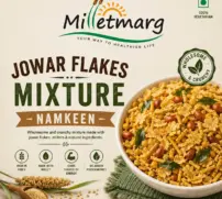Milletmarg Jowar Flakes Mixture Namkeen packaging featuring healthy millet-based crunchy snack mix with roasted peanuts, curry leaves, and jowar flakes in a bowl.