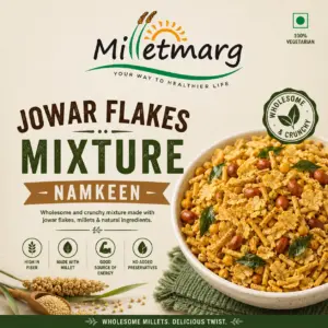 Milletmarg Jowar Flakes Mixture Namkeen packaging featuring healthy millet-based crunchy snack mix with roasted peanuts, curry leaves, and jowar flakes in a bowl.