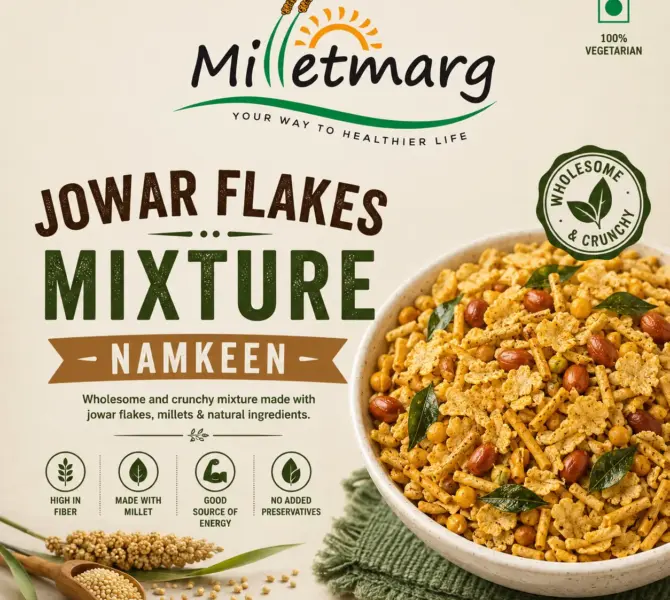 Milletmarg Jowar Flakes Mixture Namkeen packaging featuring healthy millet-based crunchy snack mix with roasted peanuts, curry leaves, and jowar flakes in a bowl.