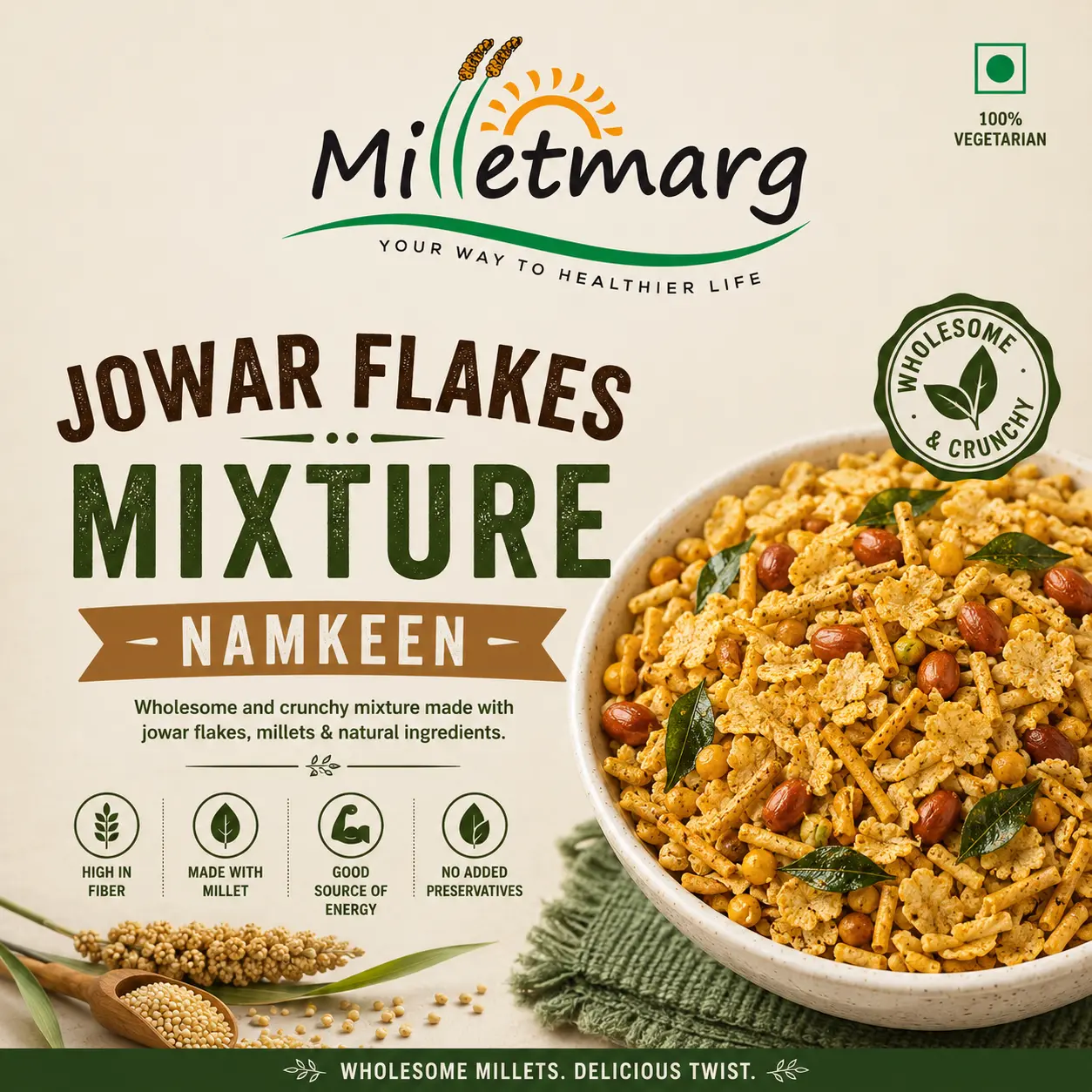 Milletmarg Jowar Flakes Mixture Namkeen packaging featuring healthy millet-based crunchy snack mix with roasted peanuts, curry leaves, and jowar flakes in a bowl.
